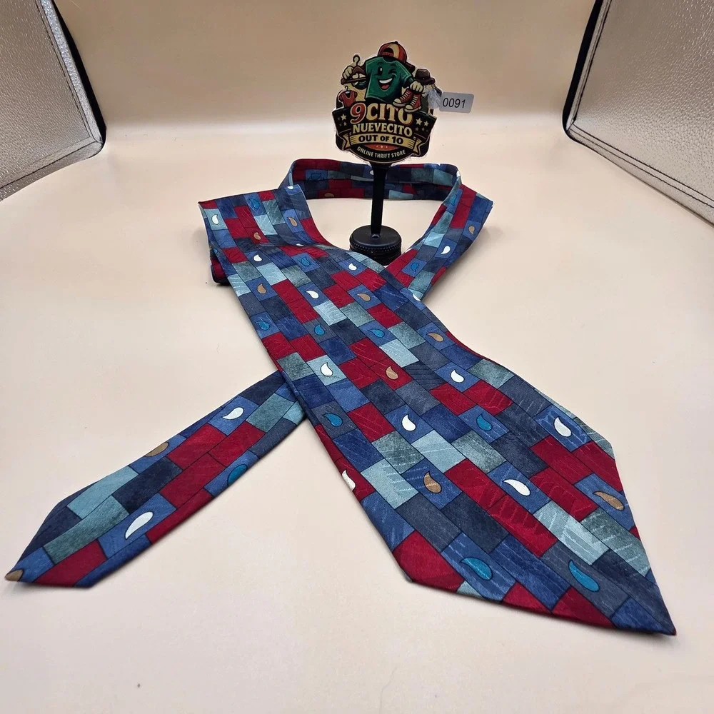 Oscar de la Renta Couture Collection Silk Tie Geometric Paisley Navy Burgundy